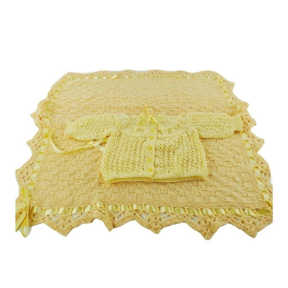 Hand Made Babies Yellow Sweater With Crochet Knitted Baby Shawl 40"X30" Set Of 2